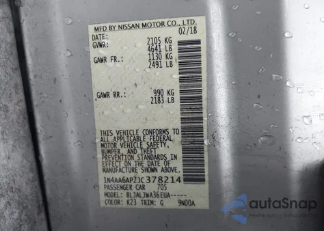 2018 Nissan Maxima 3.5 Platinum/3.5 S/3.5 Sl/3.5 Sr/3.5 Sv из США, поврежденный, VIN 1N4AA6AP2JC378214